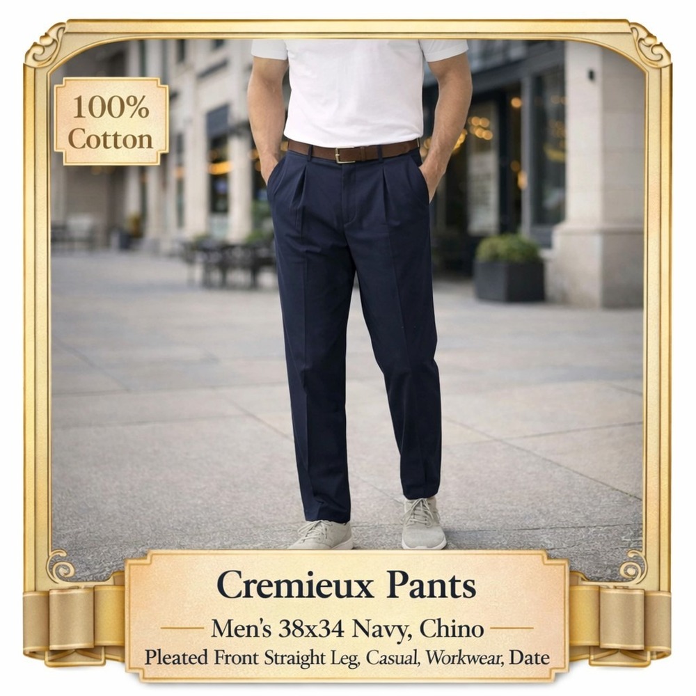 Cremieux Pants Mens 38x34 Navy Chino Pleated Front Straight Leg Cotton Casual